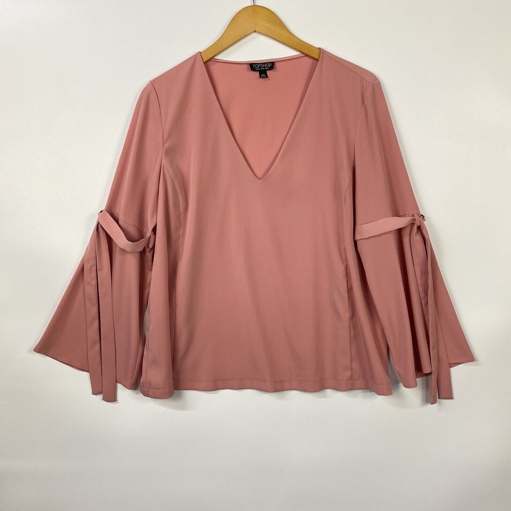 TOPSHOP Women's Top Size 10 Pink Long Sleeve V-Neck Blouse